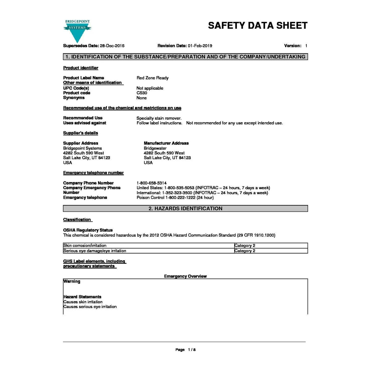 Red Zone Ready BridgePoint Systems 1 Quart Red Stain Remover chemical