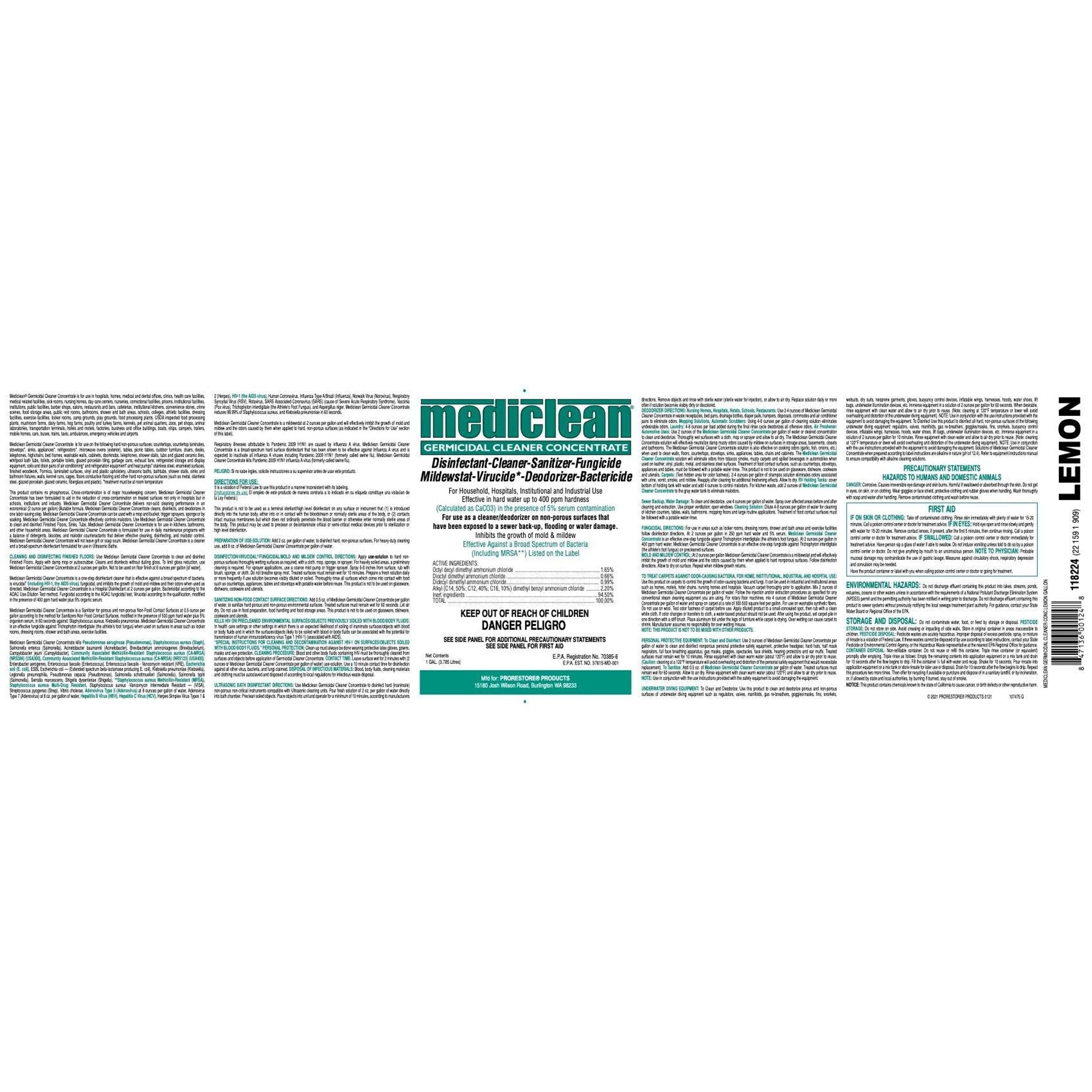Mediclean, Germicidal Cleaner Concentrate Microban,  Lemon (1 gal) Misc 1 gal,4 gal