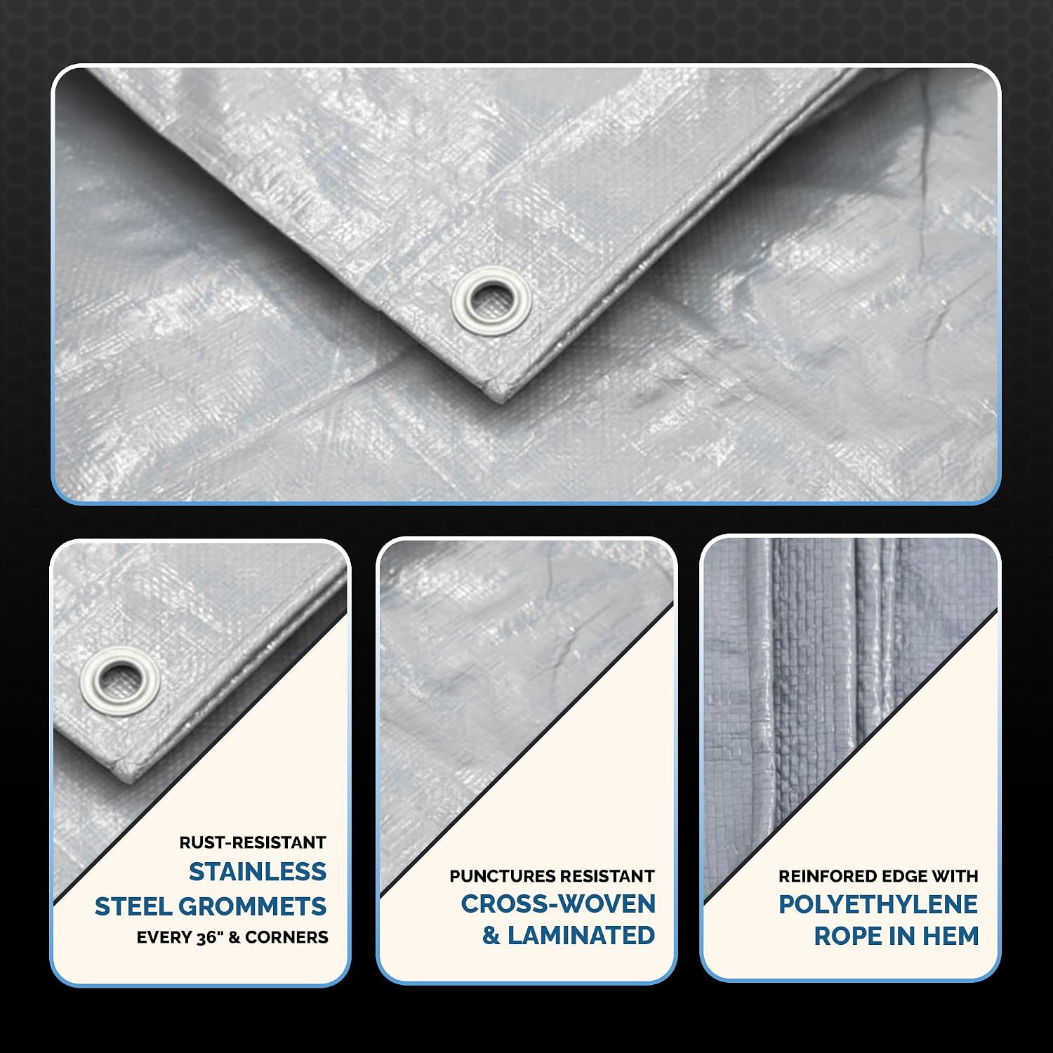 30x50 Heavy Duty Silver/Black Waterproof 10 MIL Thick Tarp  - Tarpaulin Outdoor Cover - Multipurpose Protection Poly Tarp for Camping, Tent, Roof, Patio, Pool, Boat Supplies