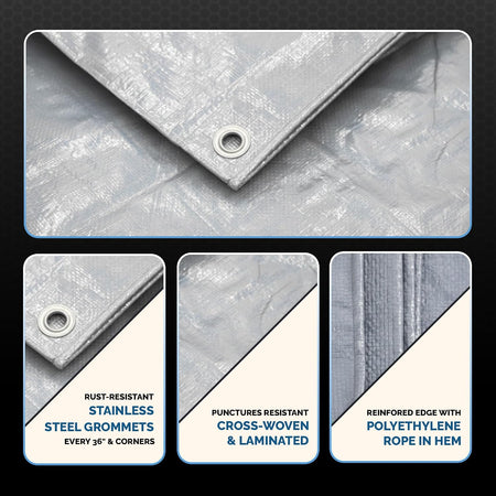 30x50 Heavy Duty Silver/Black Waterproof 10 MIL Thick Tarp  - Tarpaulin Outdoor Cover - Multipurpose Protection Poly Tarp for Camping, Tent, Roof, Patio, Pool, Boat Supplies