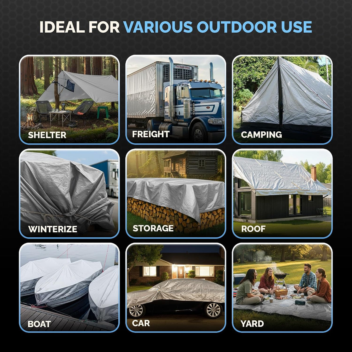 30x50 Heavy Duty Silver/Black Waterproof 10 MIL Thick Tarp  - Tarpaulin Outdoor Cover - Multipurpose Protection Poly Tarp for Camping, Tent, Roof, Patio, Pool, Boat Supplies