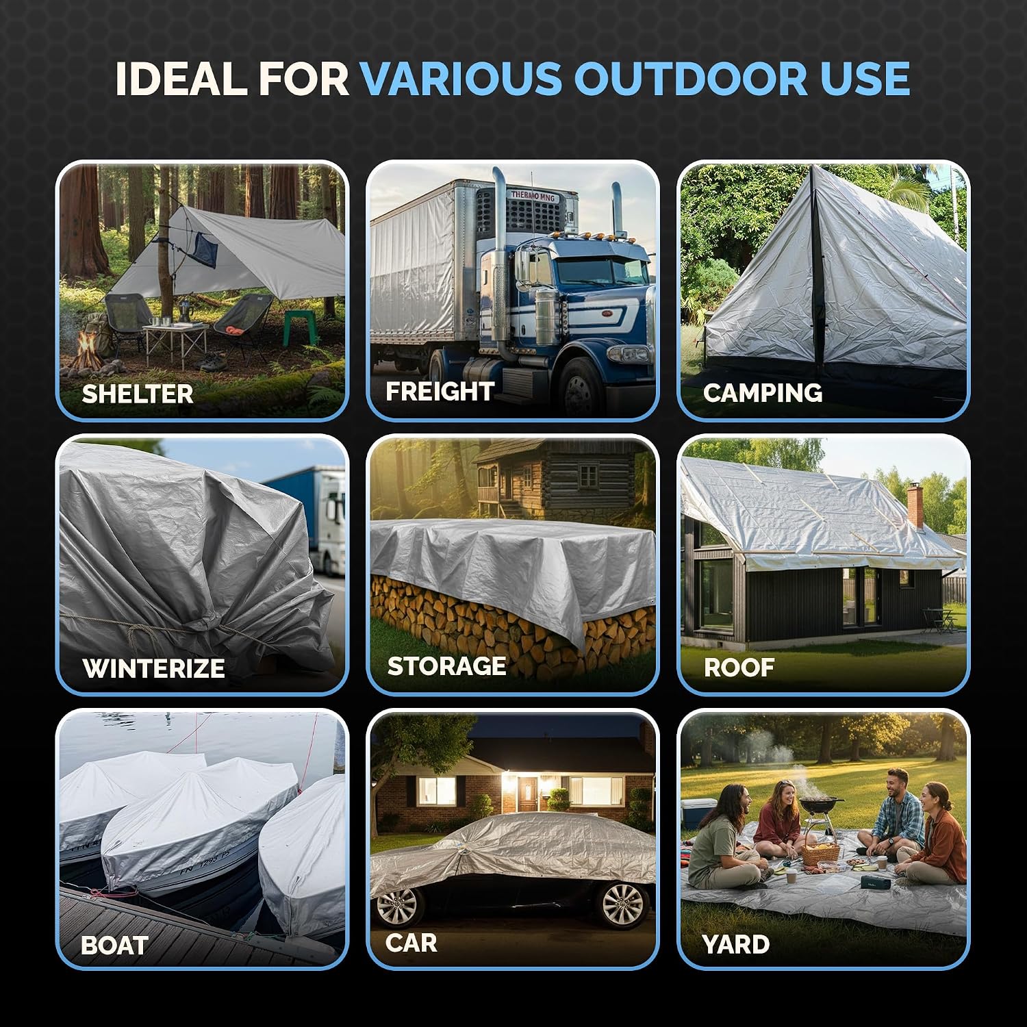 30x50 Heavy Duty Silver/Black Waterproof 10 MIL Thick Tarp  - Tarpaulin Outdoor Cover - Multipurpose Protection Poly Tarp for Camping, Tent, Roof, Patio, Pool, Boat Supplies