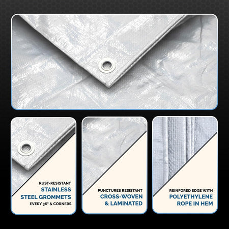 40x60 Heavy Duty High Durability 12 Mil White Waterproof Tarp, Tear and UV Resistant Tarpaulin, Multipurpose Protective Outdoor Cover with Reinforced Edges for Construction, Camping, Shelter, Patio, Car, Boat Supplies
