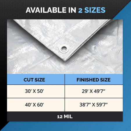 40x60 Heavy Duty High Durability 12 Mil White Waterproof Tarp, Tear and UV Resistant Tarpaulin, Multipurpose Protective Outdoor Cover with Reinforced Edges for Construction, Camping, Shelter, Patio, Car, Boat Supplies