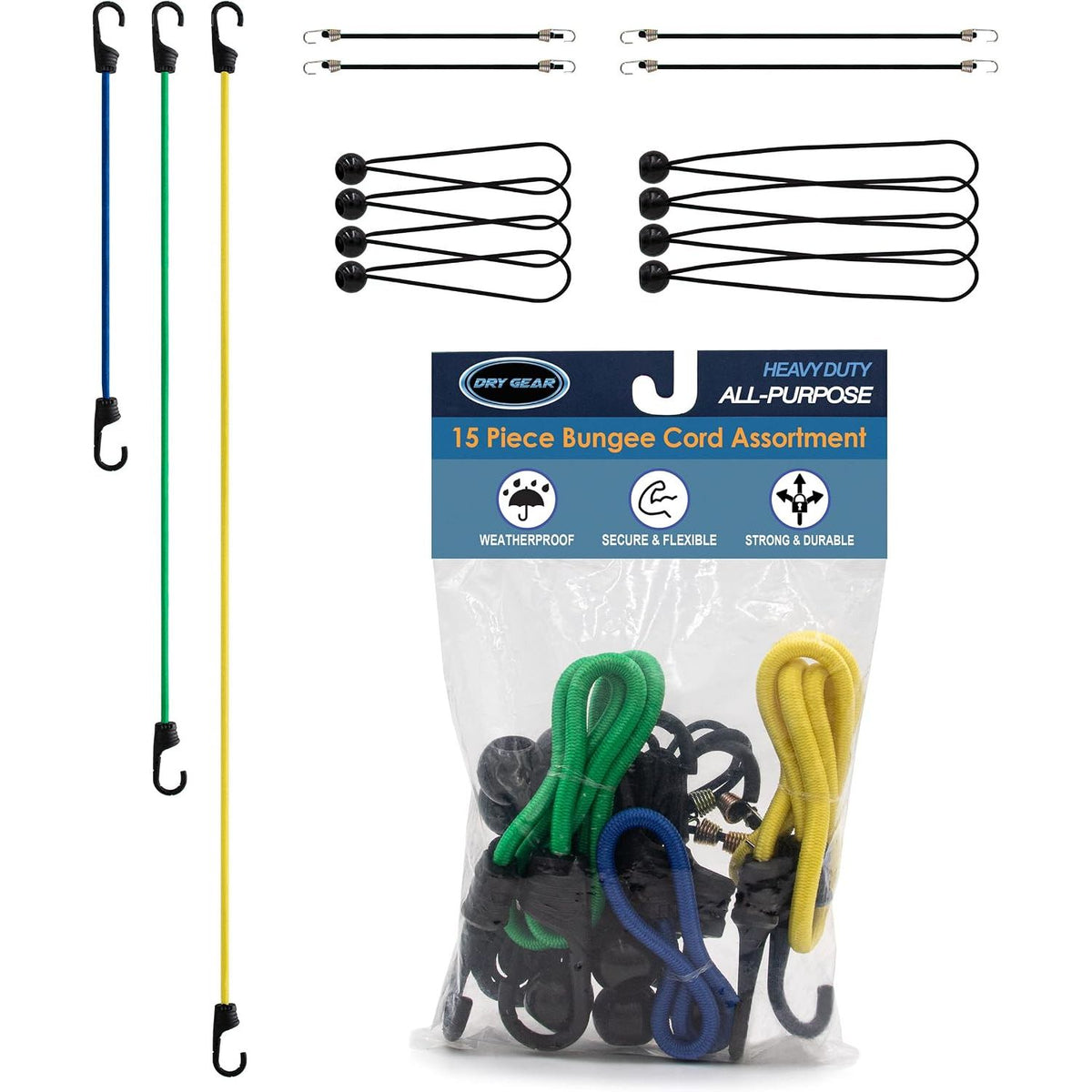 15 Piece Bungee Cord Assortment with Heavy Duty, Secure, Flexible & Weatherproof Bungees, Metal Hooks & Canopy Ties by Dry Gear Supplies