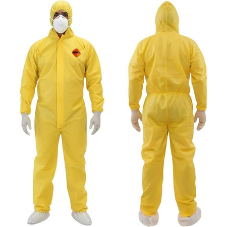 Tiger Tough Yellow Hazmat Suit Disposable - Chemical Protective Coveralls with Hood, PPE Paint Suit, Cleaning Jumpsuit - Coverall