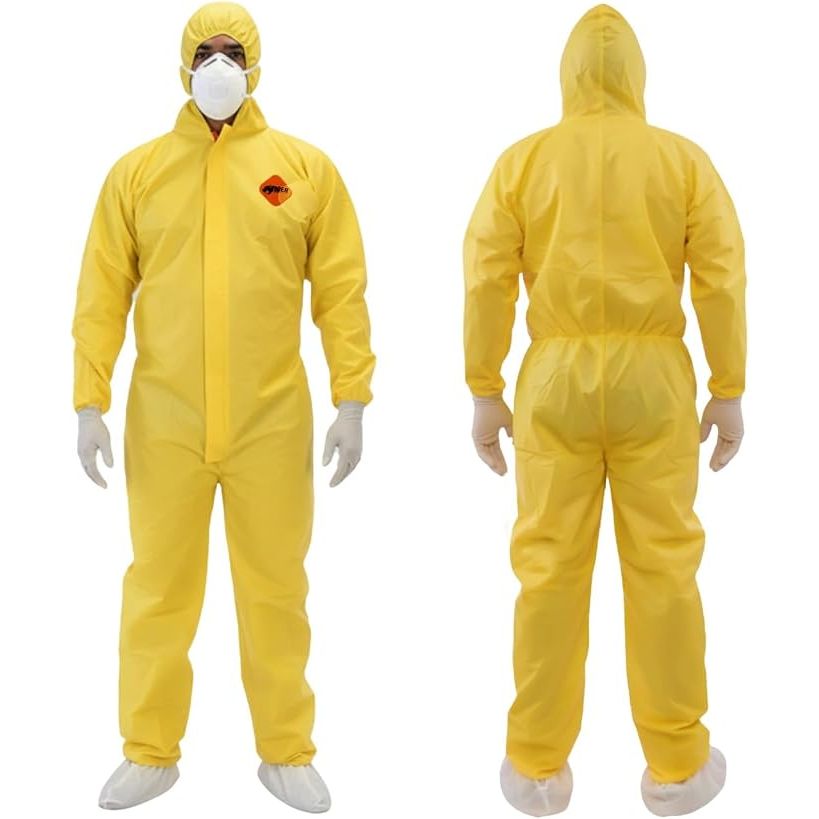 Tiger Tough Yellow Hazmat Suit Disposable - Chemical Protective Coveralls with Hood, PPE Paint Suit, Cleaning Jumpsuit - Coverall