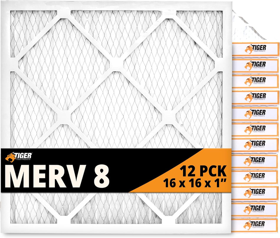 16x16x1 MERV 8 MPR 600-800 Air Filter, High-Performance Pleated HVAC AC Furnace Filter Replacement for Home,(Pack of 12)