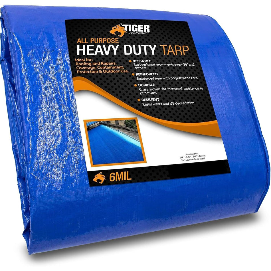 20x30 6 Mil Poly Heavy Duty Waterproof Tarp, Tear and UV Resistant Tarpaulin, Multipurpose Protective Outdoor Cover with Reinforced Edges for Camping, Shelter, Patio, Car, Boat