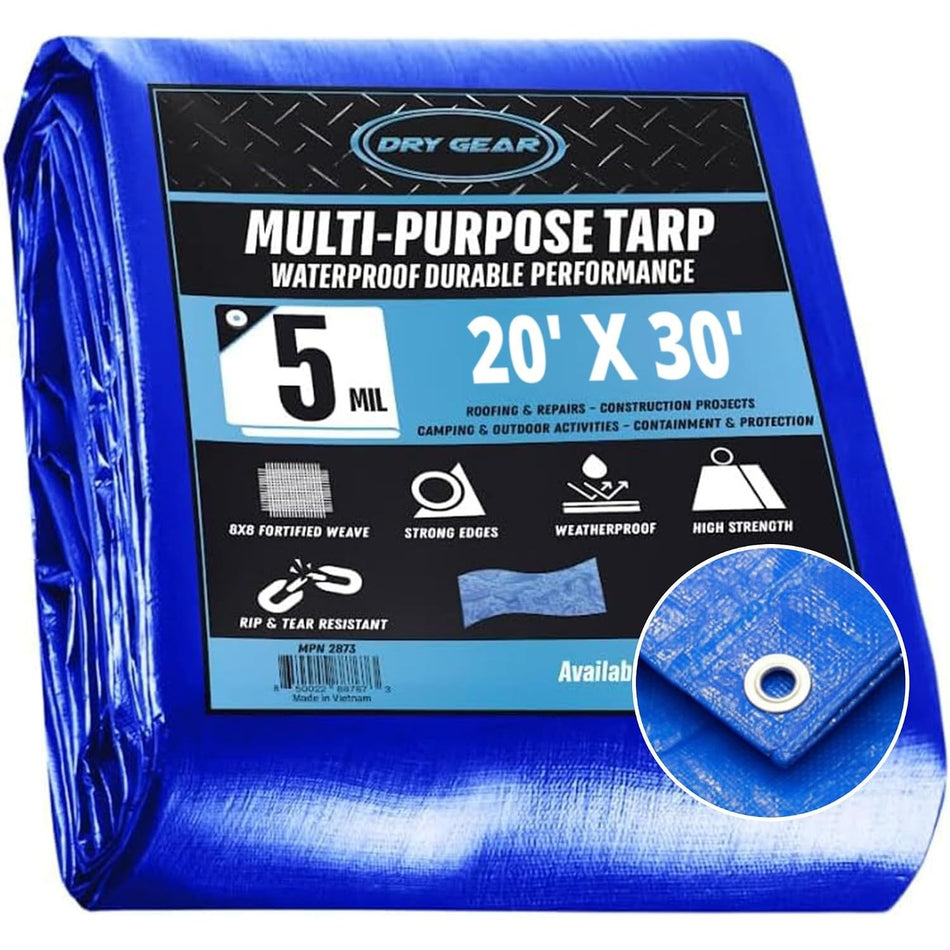 20x30 Blue Waterproof Tarp – 5 MIL Thick Tarpaulin Outdoor Cover - Multipurpose Protection Poly Tarp for Camping, Tent, Roof, Patio, Pool, Floor, Furniture, Boat, Truck Beds.