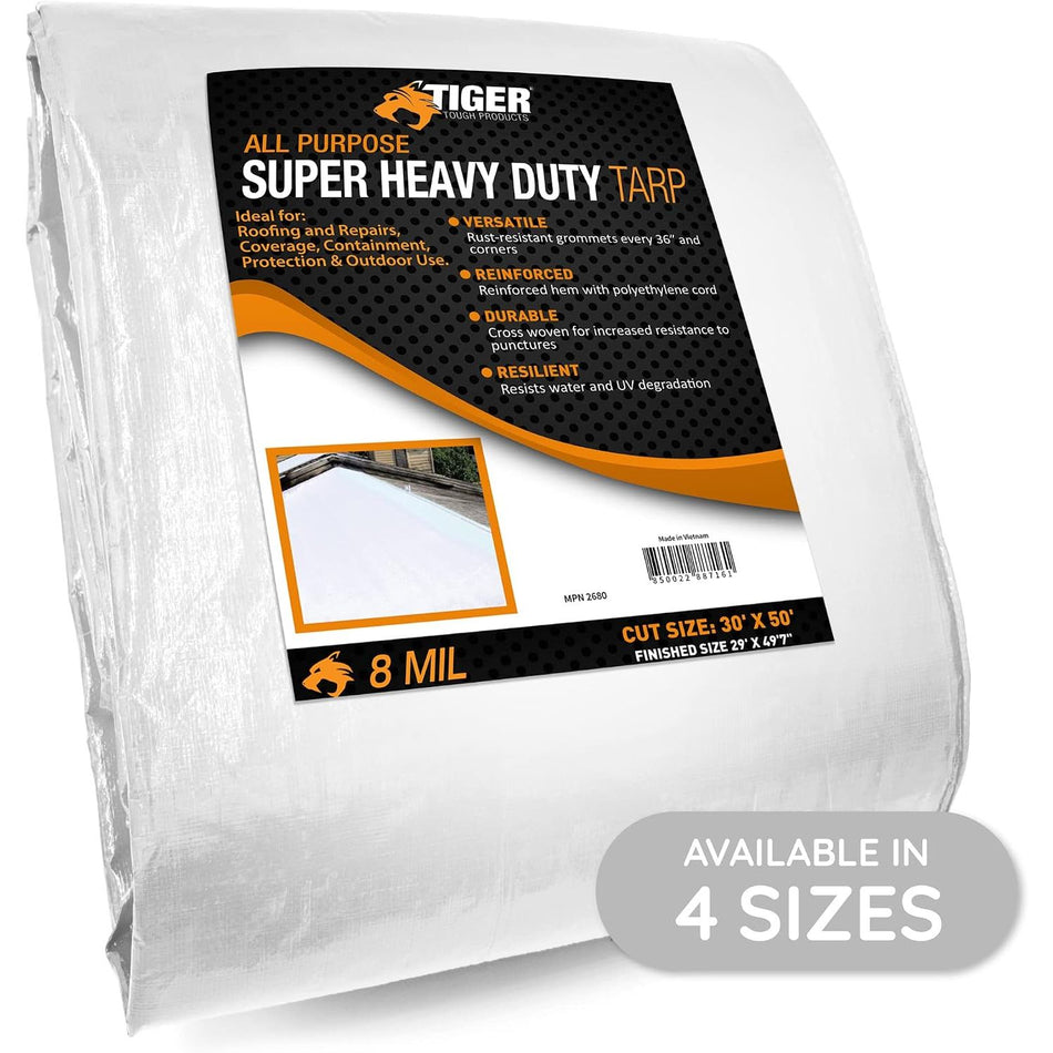 30x50 Heavy Duty Waterproof Tarp, 8 Mil Poly Tarp, Tear and UV Resistant Tarpaulin, Multipurpose Protective Outdoor Cover with Reinforced Edges for Camping, Shelter, Patio, Car, Boat
