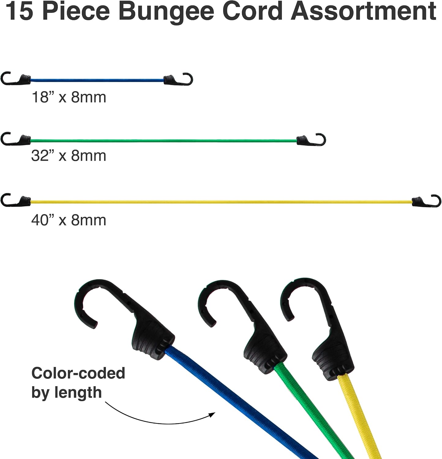 15 Piece Bungee Cord Assortment with Heavy Duty, Secure, Flexible & Weatherproof Bungees, Metal Hooks & Canopy Ties by Dry Gear Supplies