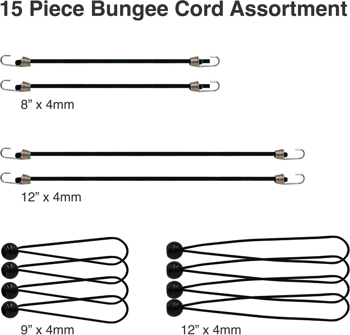 15 Piece Bungee Cord Assortment with Heavy Duty, Secure, Flexible & Weatherproof Bungees, Metal Hooks & Canopy Ties by Dry Gear Supplies