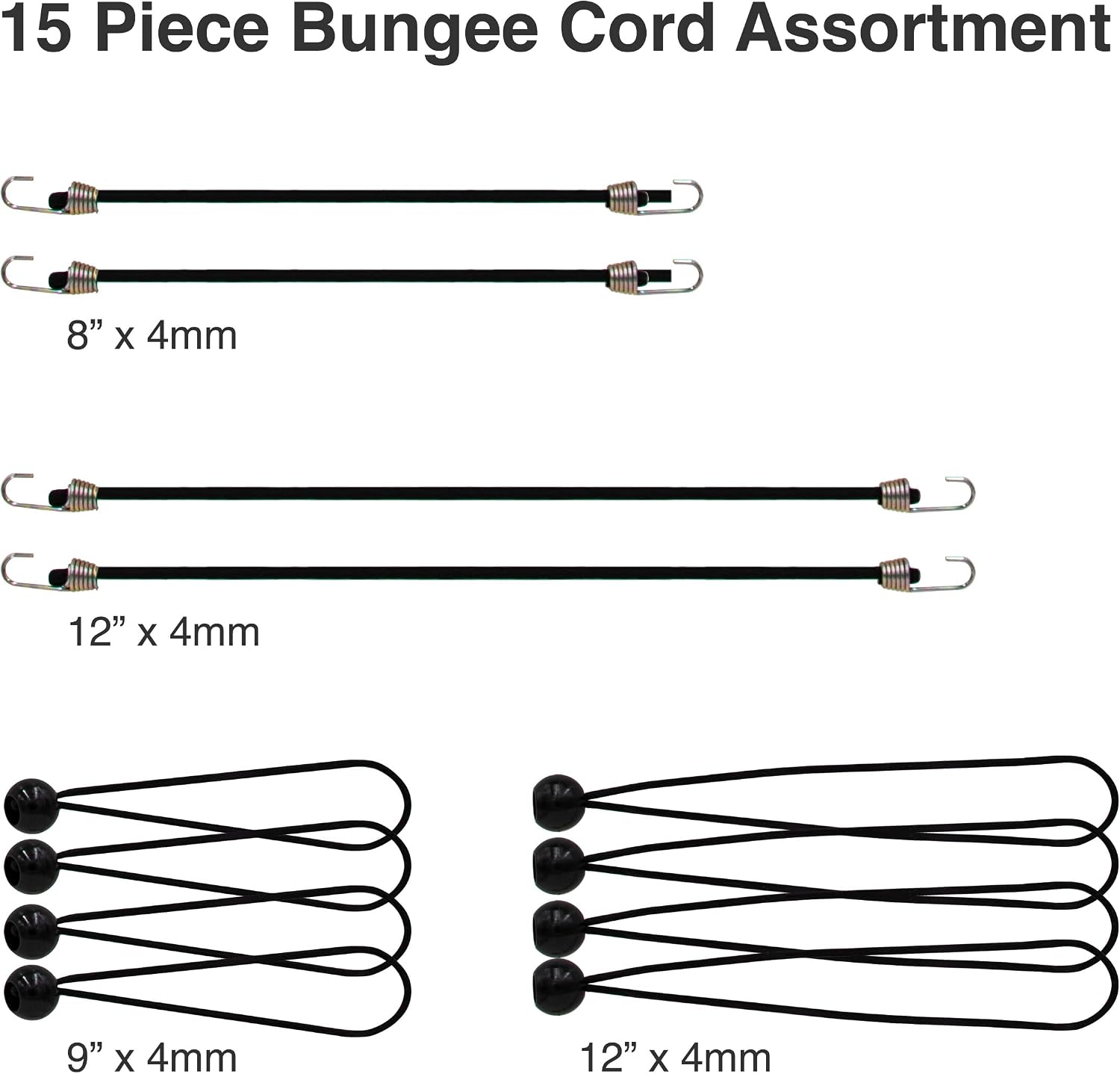 15 Piece Bungee Cord Assortment with Heavy Duty, Secure, Flexible & Weatherproof Bungees, Metal Hooks & Canopy Ties by Dry Gear Supplies