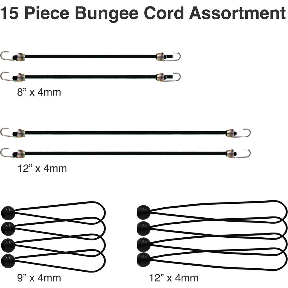 15 Piece Bungee Cord Assortment with Heavy Duty, Secure, Flexible & Weatherproof Bungees, Metal Hooks & Canopy Ties by Dry Gear Supplies
