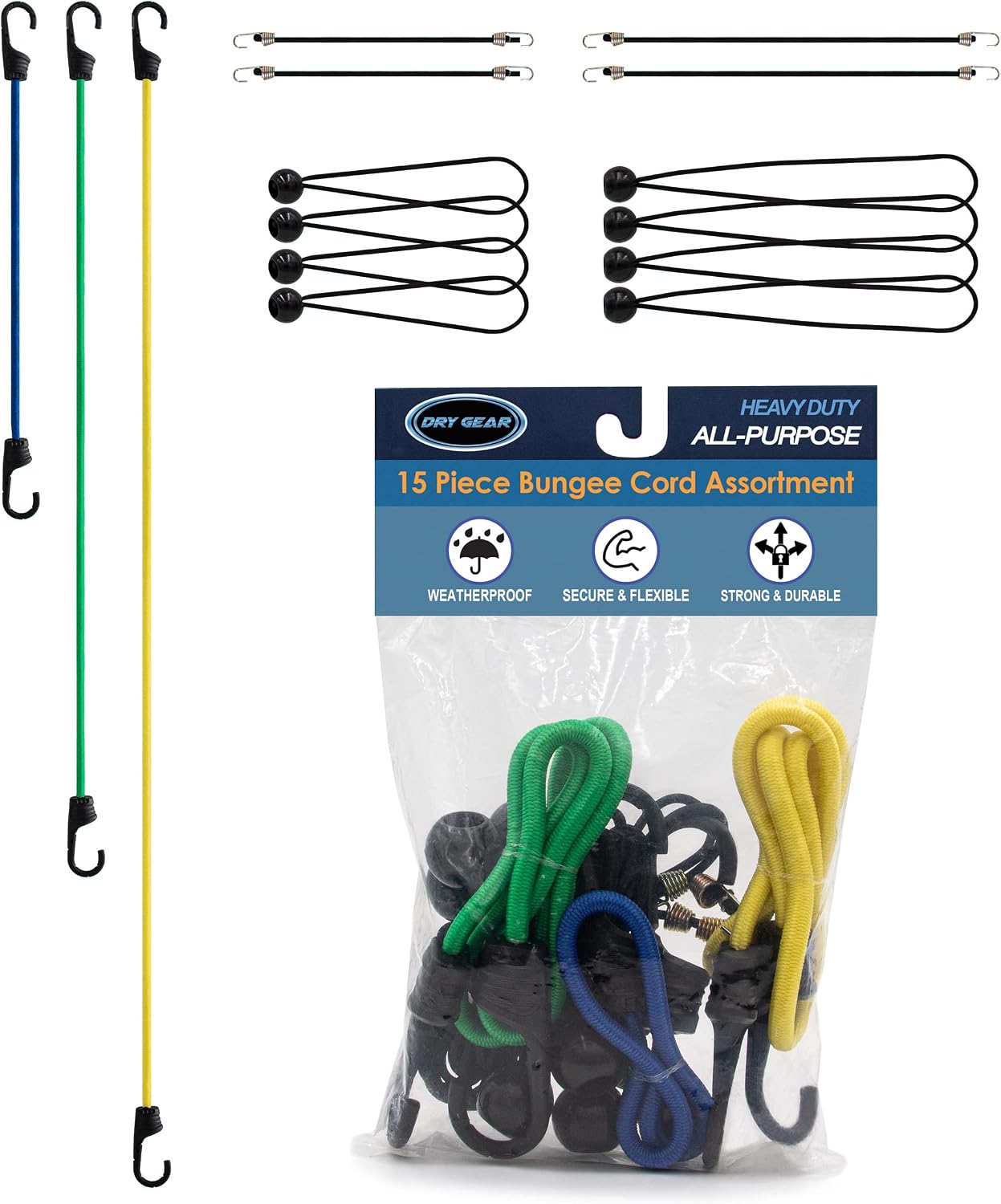 15 Piece Bungee Cord Assortment with Heavy Duty, Secure, Flexible & Weatherproof Bungees, Metal Hooks & Canopy Ties by Dry Gear Supplies