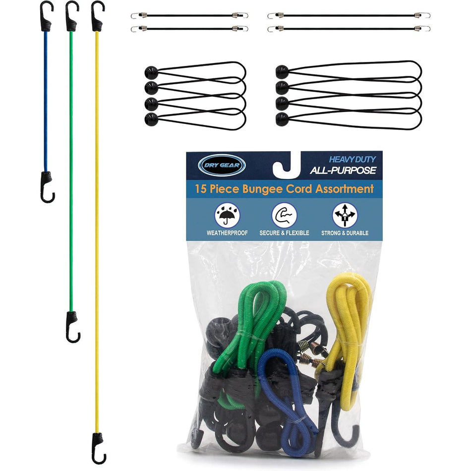 15 Piece Bungee Cord Assortment with Heavy Duty, Secure, Flexible & Weatherproof Bungees, Metal Hooks & Canopy Ties by Dry Gear Supplies