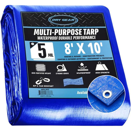 8x10 Blue Waterproof Tarp  – 5 MIL Thick Tarpaulin Outdoor Cover - Multipurpose Protection Poly Tarp for Camping, Tent, Roof, Patio, Pool, Floor, Furniture, Boat, Truck Beds Tarp