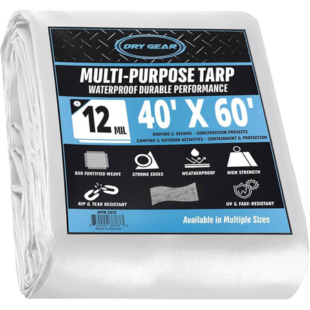 40x60 Heavy Duty High Durability 12 Mil White Waterproof Tarp, Tear and UV Resistant Tarpaulin, Multipurpose Protective Outdoor Cover with Reinforced Edges for Construction, Camping, Shelter, Patio, Car, Boat Supplies