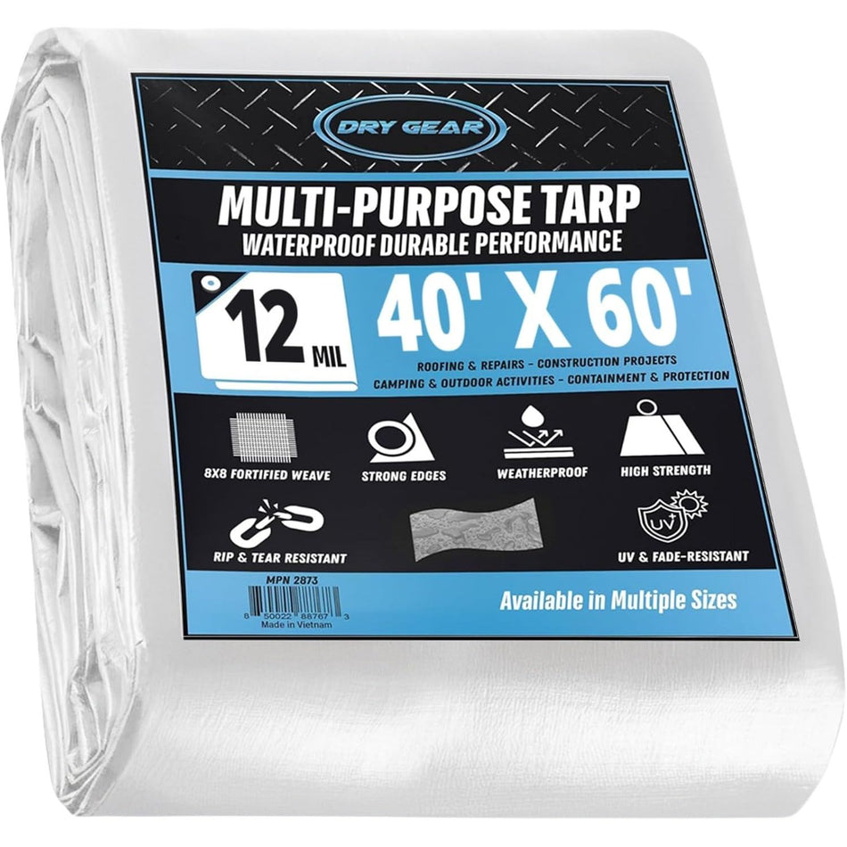 40x60 Heavy Duty High Durability 12 Mil White Waterproof Tarp, Tear and UV Resistant Tarpaulin, Multipurpose Protective Outdoor Cover with Reinforced Edges for Construction, Camping, Shelter, Patio, Car, Boat Supplies