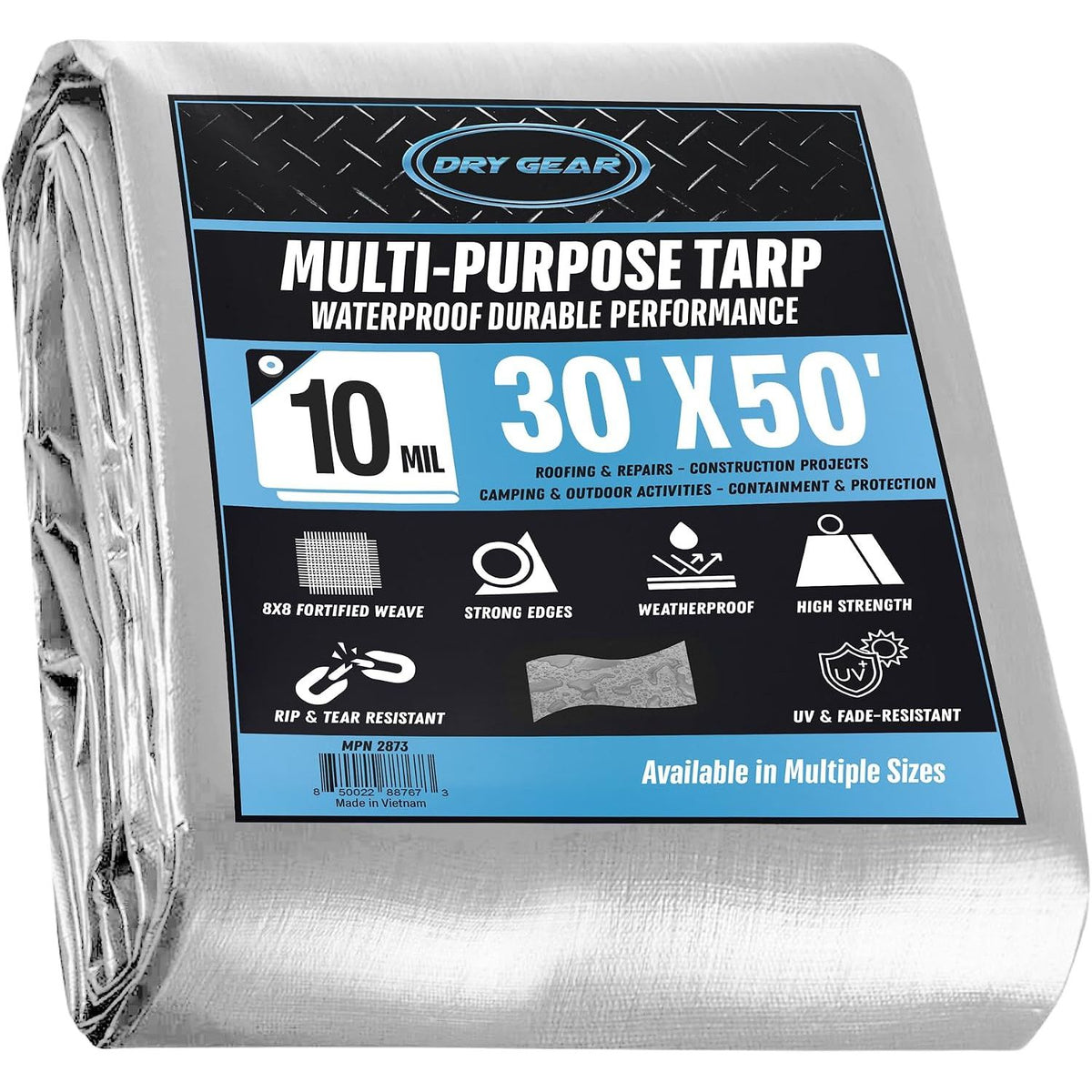 30x50 Heavy Duty Silver/Black Waterproof 10 MIL Thick Tarp  - Tarpaulin Outdoor Cover - Multipurpose Protection Poly Tarp for Camping, Tent, Roof, Patio, Pool, Boat Supplies