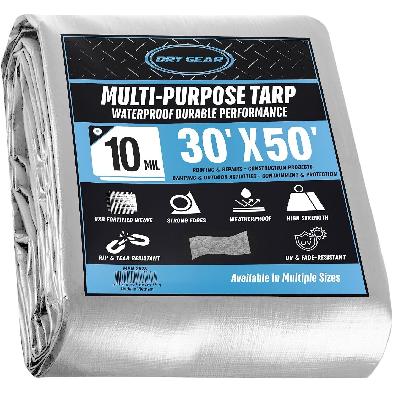 30x50 Heavy Duty Silver/Black Waterproof 10 MIL Thick Tarp  - Tarpaulin Outdoor Cover - Multipurpose Protection Poly Tarp for Camping, Tent, Roof, Patio, Pool, Boat Supplies