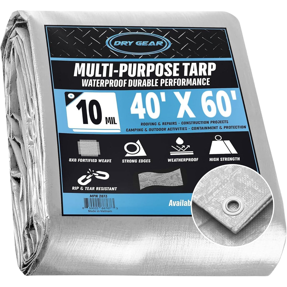 40x60 Heavy Duty Silver/Black Waterproof 10 MIL Thick Tarp  - Tarpaulin Outdoor Cover - Multipurpose Protection Poly Tarp for Camping, Tent, Roof, Patio, Pool, Boat Supplies