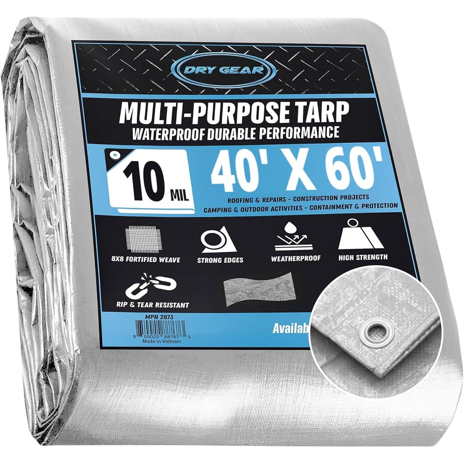 40x60 Heavy Duty Silver/Black Waterproof 10 MIL Thick Tarp  - Tarpaulin Outdoor Cover - Multipurpose Protection Poly Tarp for Camping, Tent, Roof, Patio, Pool, Boat Supplies