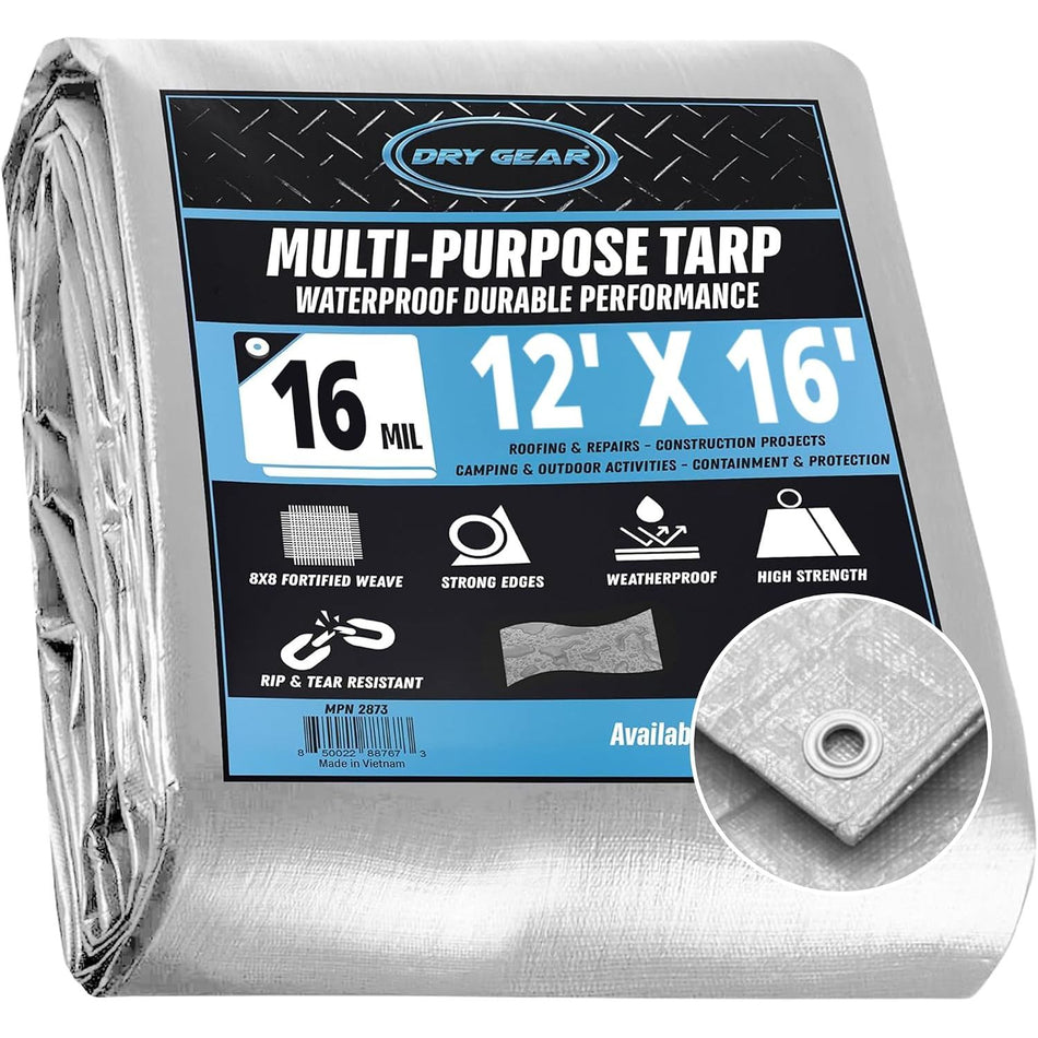 12x16 Extra Heavy Duty Waterproof – 16 MIL Thick Black/Silver Tarpaulin Outdoor Cover Protection Poly Tarp for Camping, Tent, Roof, Patio, Pool, Floor, Furniture, Boat, Truck Beds Equipment