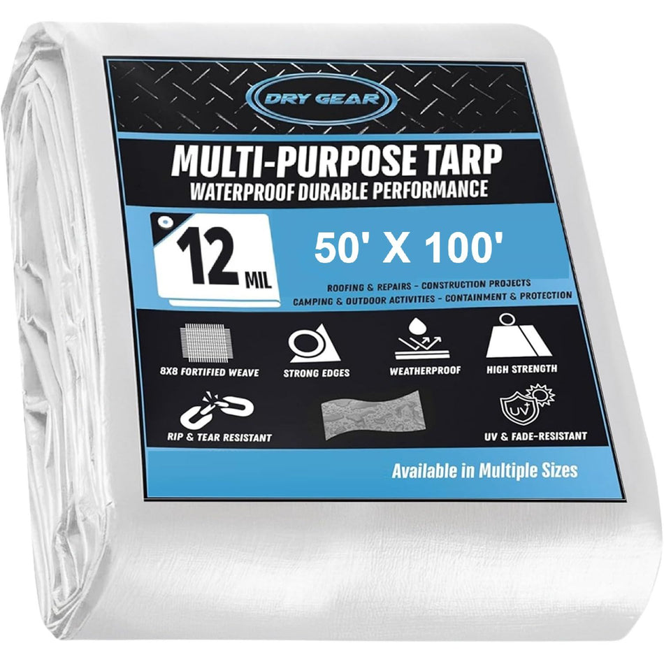 50x100 Industrial Grade Heavy Duty 12 Mil White Waterproof Tarp, Tear and UV Resistant Tarpaulin, Multipurpose Protective Outdoor Cover for Construction, Camping, Shelter, Patio, yacht, full roof Tarp