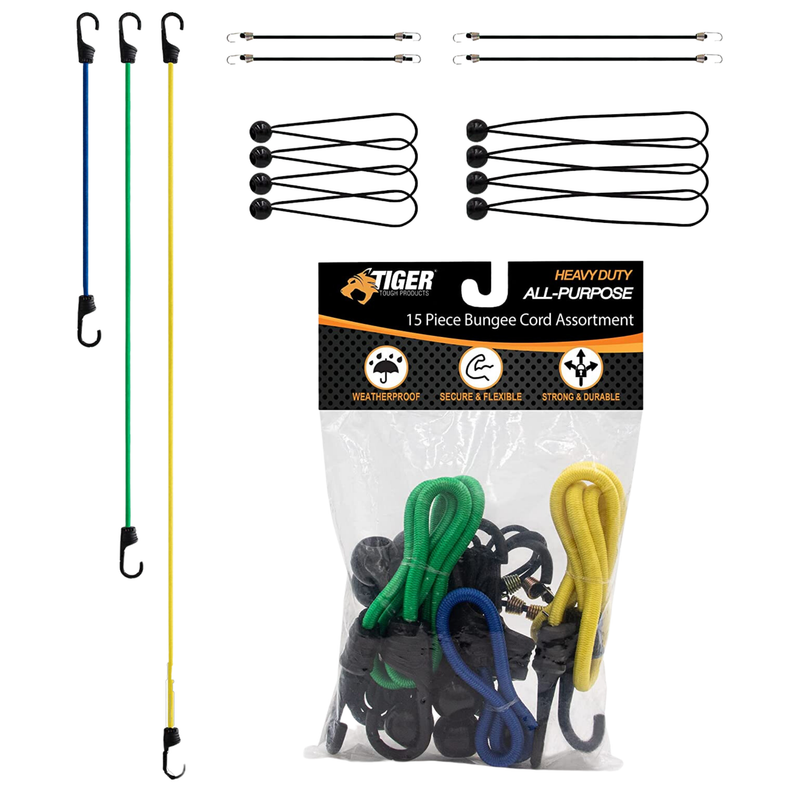 Tiger Tough Bungee Cord Assortment 15-Pieces with Metal Hooks & Canopy Ties Misc