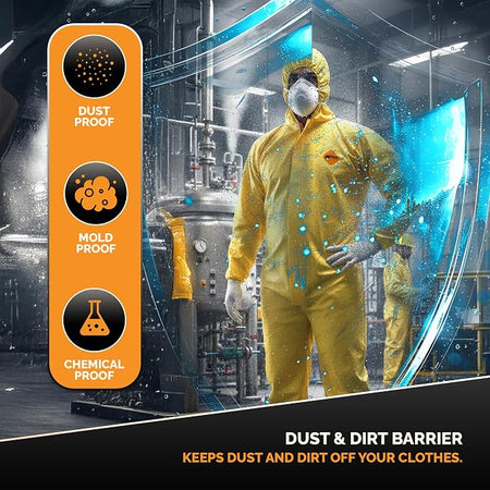 Tiger Tough Yellow Hazmat Suit Disposable - Chemical Protective Coveralls with Hood, PPE Paint Suit, Cleaning Jumpsuit - Coverall