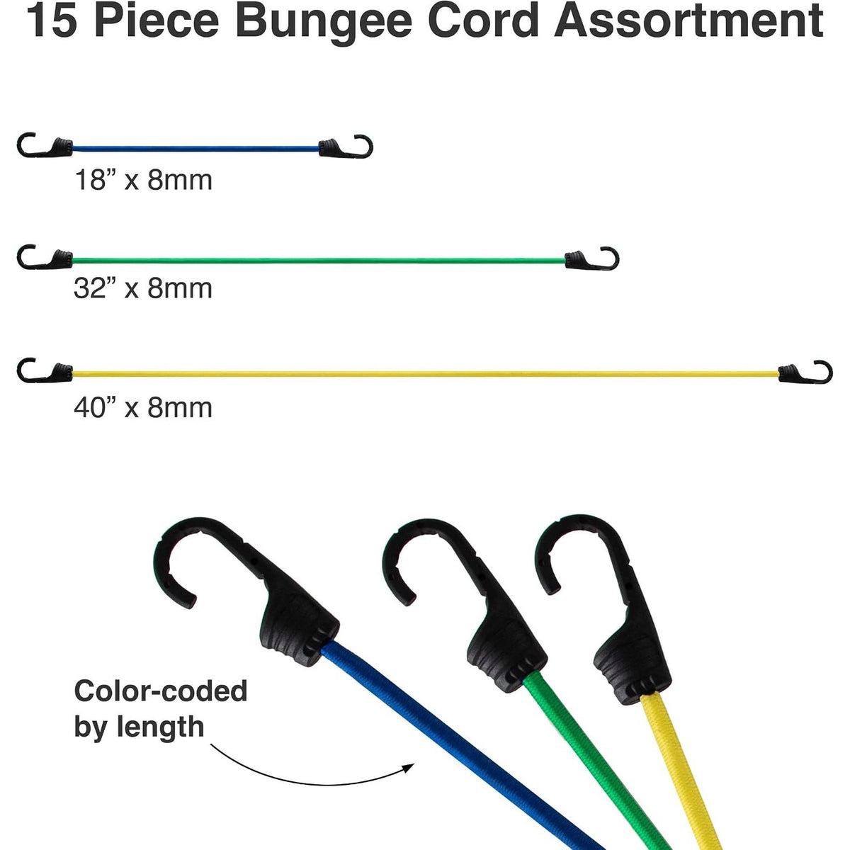 15 Piece Bungee Cord Assortment with Heavy Duty, Secure, Flexible & Weatherproof Bungees, Metal Hooks & Canopy Ties by Dry Gear Supplies