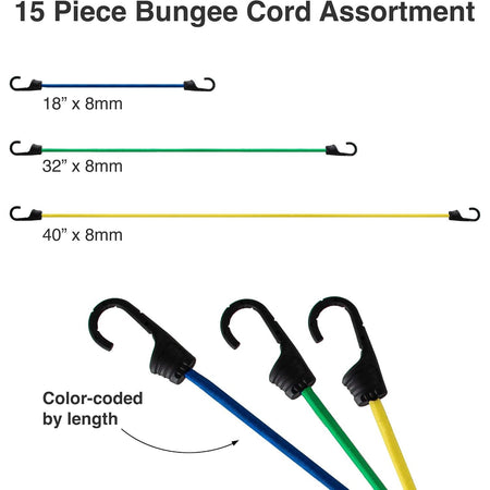 15 Piece Bungee Cord Assortment with Heavy Duty, Secure, Flexible & Weatherproof Bungees, Metal Hooks & Canopy Ties by Dry Gear Supplies