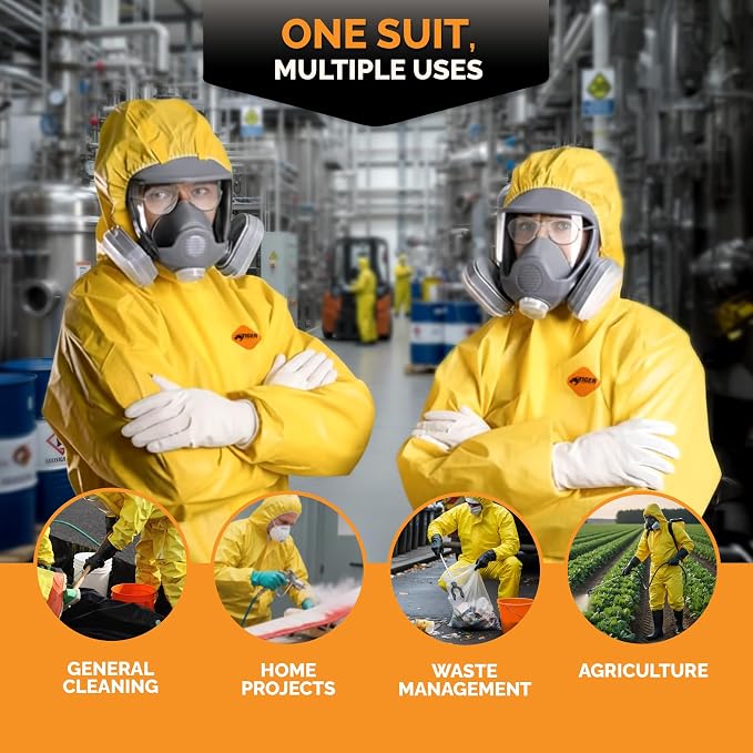 Tiger Tough Yellow Hazmat Suit Disposable - Chemical Protective Coveralls with Hood, PPE Paint Suit, Cleaning Jumpsuit - Coverall
