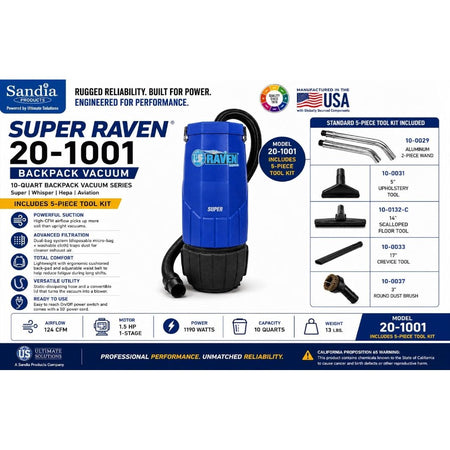 Sandia 20-1001 Super Raven Backpack Vacuum with 5 Piece Standard Tool Kit, 10 Quart Capacity Equipment