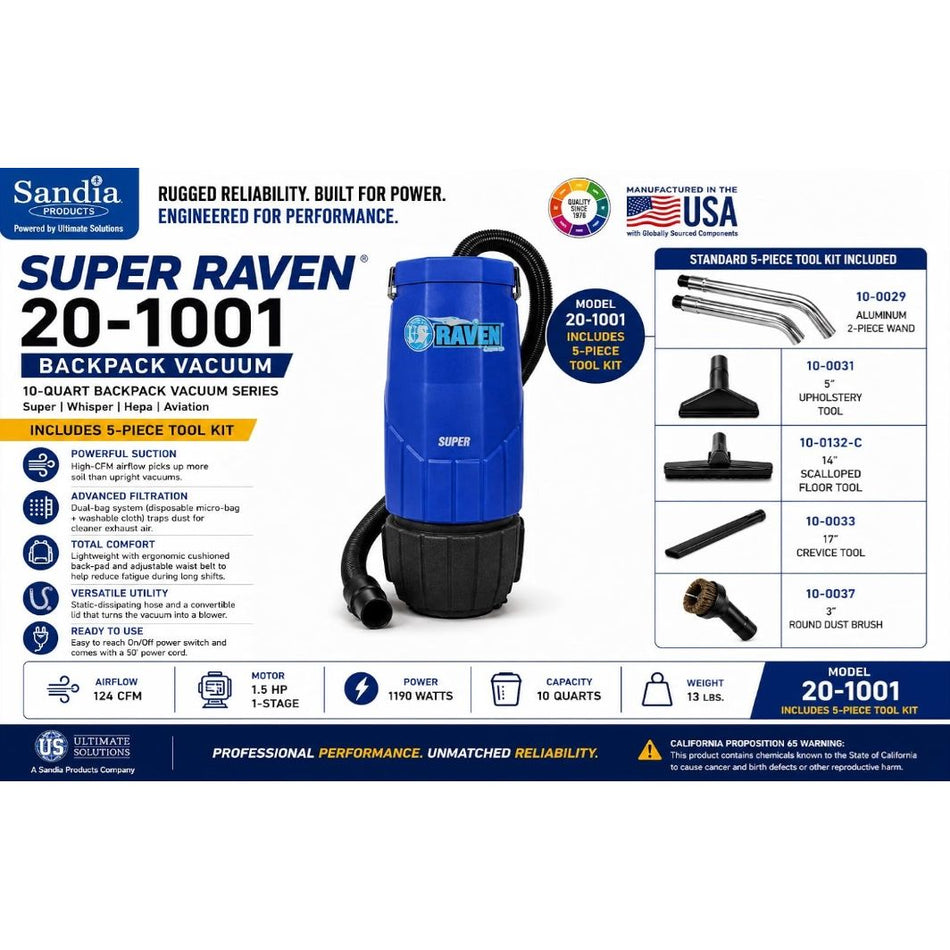 Sandia 20-1001 Super Raven Backpack Vacuum with 5 Piece Standard Tool Kit, 10 Quart Capacity Equipment