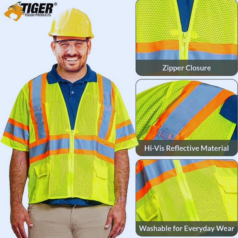 Safety Vest Class 2. High Visibility 5-Pocket Construction Vest (12 Pack) M,L,XL,2XL