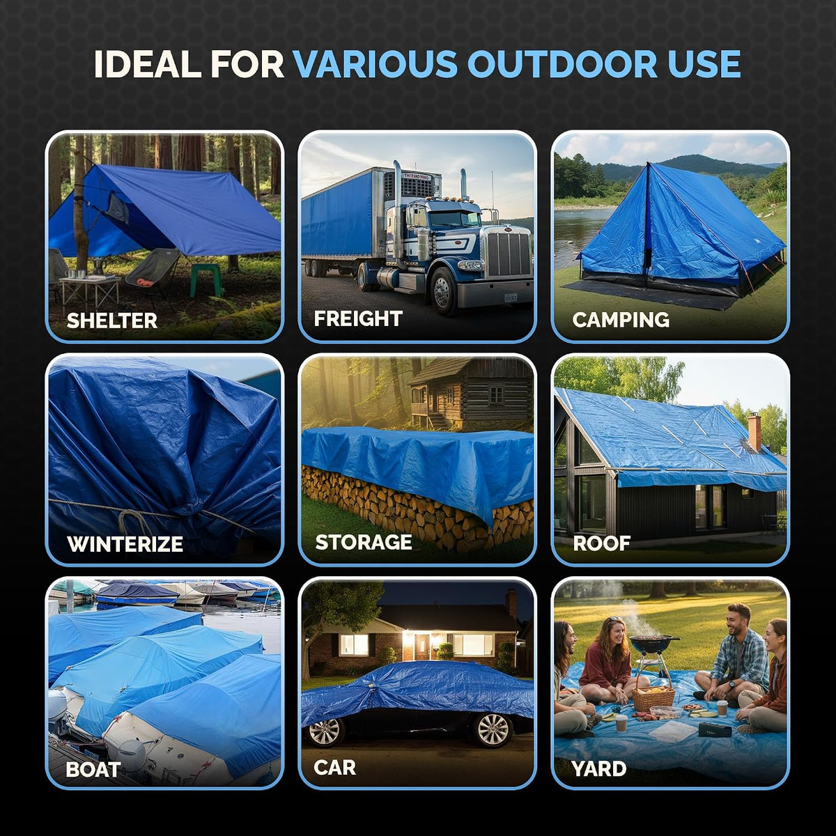Blue Waterproof Tarp – 5 MIL Thick Tarpaulin Outdoor Cover - Multipurpose Protection Poly Tarp for Camping, Tent, Roof, Patio, Pool, Floor, Furniture, Boat, Truck Beds. Tarp