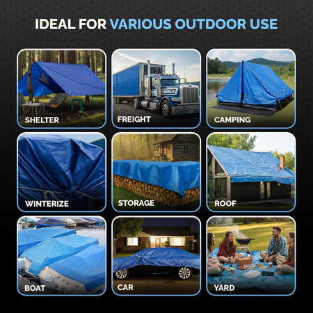 Blue Waterproof Tarp – 5 MIL Thick Tarpaulin Outdoor Cover - Multipurpose Protection Poly Tarp for Camping, Tent, Roof, Patio, Pool, Floor, Furniture, Boat, Truck Beds. Tarp