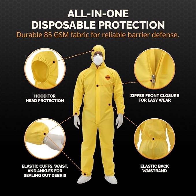 Tiger Tough Yellow Hazmat Suit Disposable - Chemical Protective Coveralls with Hood, PPE Paint Suit, Cleaning Jumpsuit - Coverall