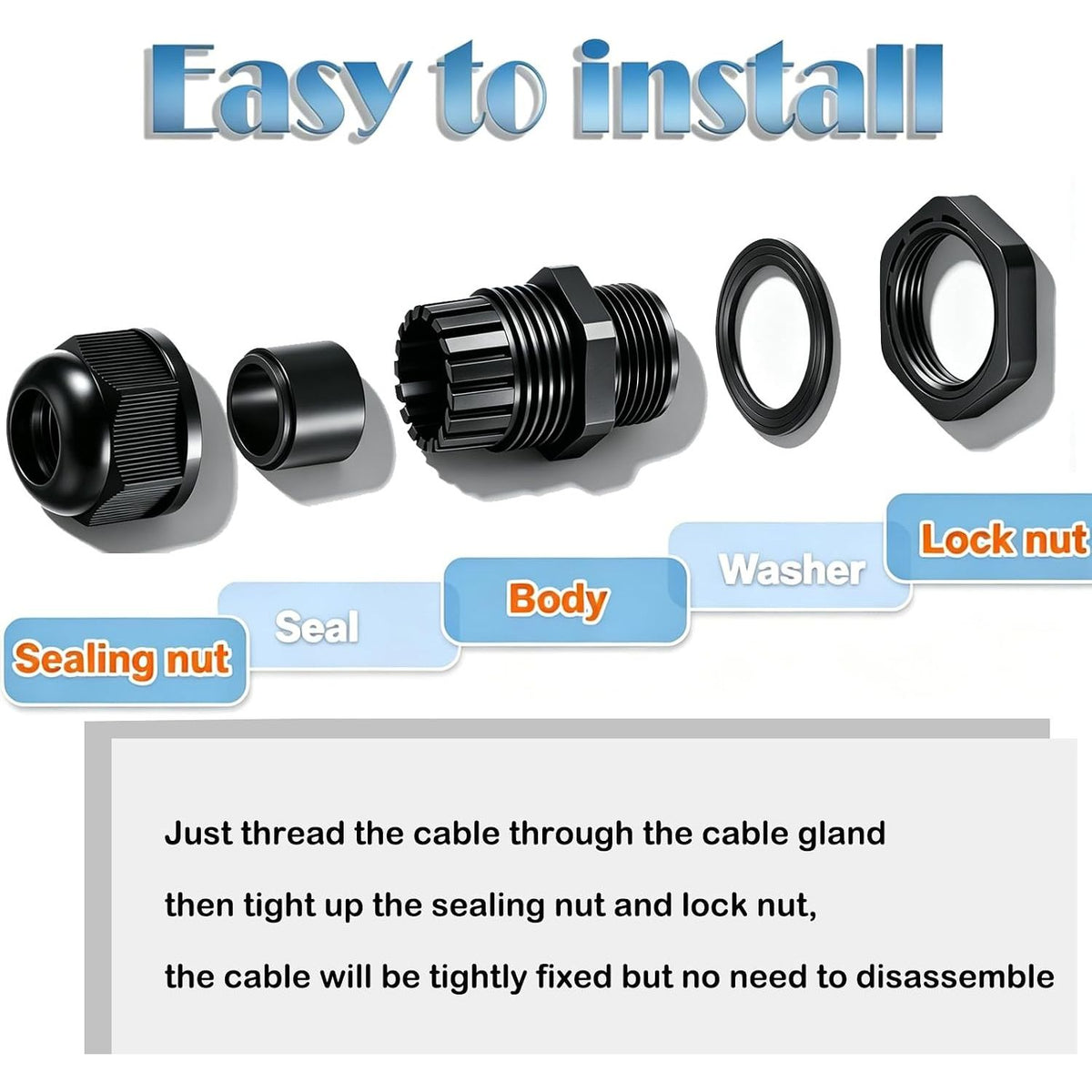 Nylon Cable Glands 1/2" NPT, Waterproof Adjustable Diameter 6-12mm Cable Connectors, Plastic Cable Gland Joints with Gaskets 1/2 NPT-BK Dehumidifier Parts