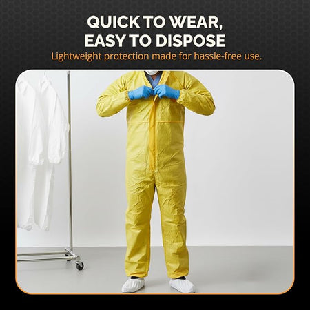 Tiger Tough Yellow Hazmat Suit Disposable - Chemical Protective Coveralls with Hood, PPE Paint Suit, Cleaning Jumpsuit - Large Coverall