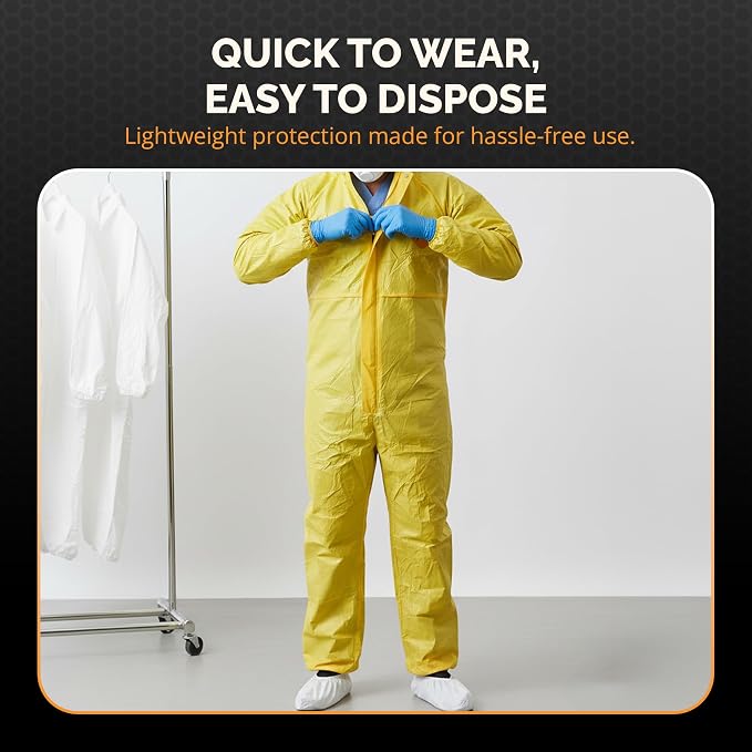 Tiger Tough Yellow Hazmat Suit Disposable - Chemical Protective Coveralls with Hood, PPE Paint Suit, Cleaning Jumpsuit - Large Coverall