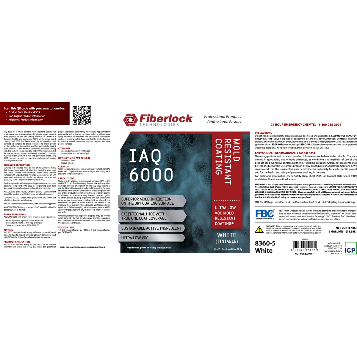 Fiberlock IAQ 6000, Mold Resistant Coating, White (5 gal) Misc
