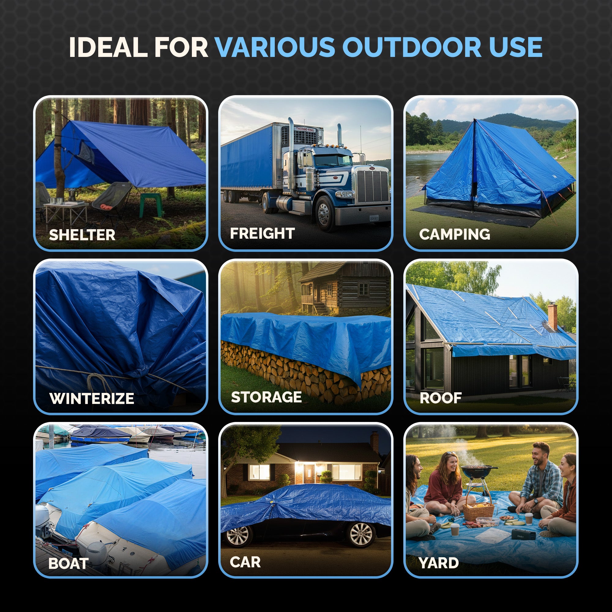 Heavy Duty 5 MIL Blue Tarp. All Purpose, Durable and Industrial Strength Tarp Tarp 6x8,8x10,9x12,9x12 (2 Pack),10x18 (2 Pack),12x16,14x30,15x15,20x16,20x20,20x30,20x30 (2 Pack),30x30,30x40,30x50,40x60