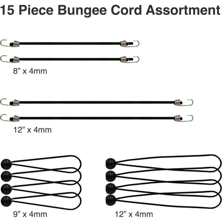 15 Piece Bungee Cord Assortment with Heavy Duty, Secure, Flexible & Weatherproof Bungees, Metal Hooks & Canopy Ties by Dry Gear Supplies